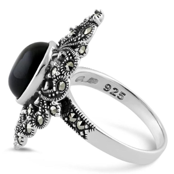 925 STERLING SILVER Black Onyx Marcasite Ring - Picture 13 of 15